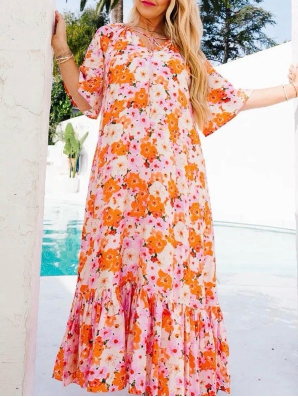 Ivy City Co Haven Floral Maxi Dress Womens Medium Orange Pink